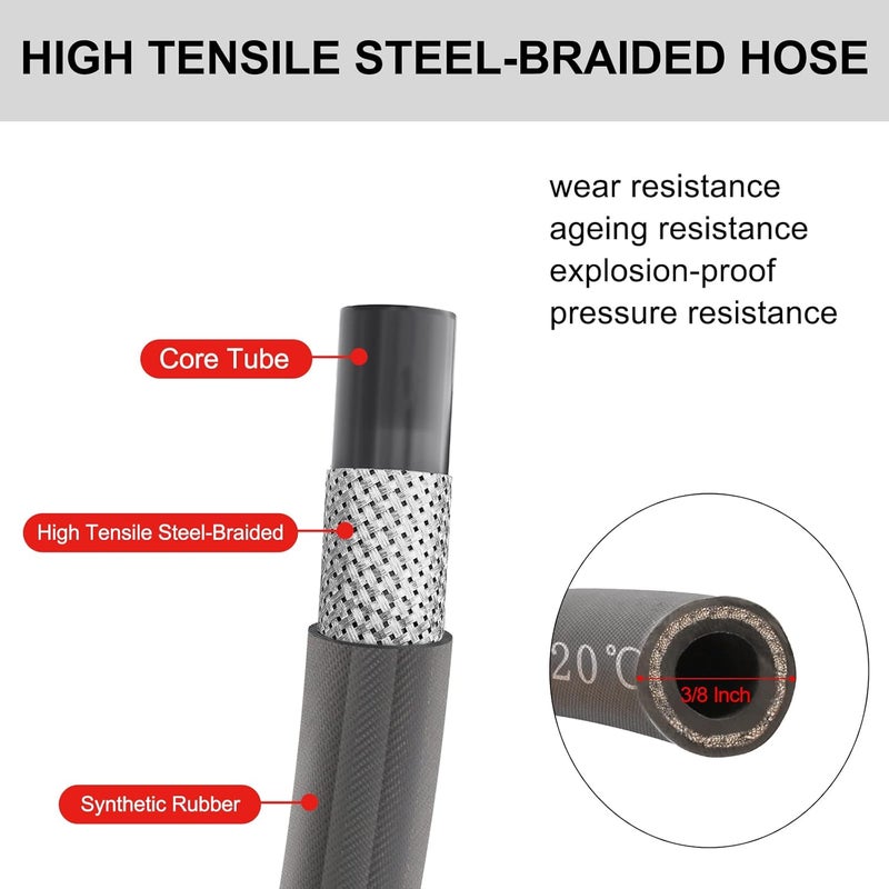 Heliwoo Pressure Washer Whip Hose 5FT, 3/8'' Reel Connector for Power Washer, 248°F Hot Water Jumper with 3/8'' Quick Connect Adapter Set, Steel-Braided-4800 PSI - Image 3